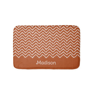 Terracotta Brown Squiggly Chevron Zigzag With Name Bath Mat