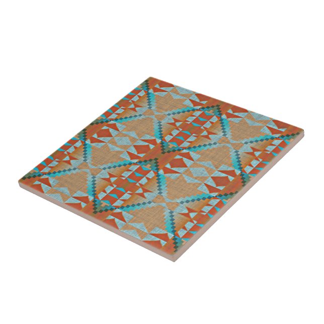 Terracotta Brown Turquoise Blue Ethnic Tribe Art Tile (Side)