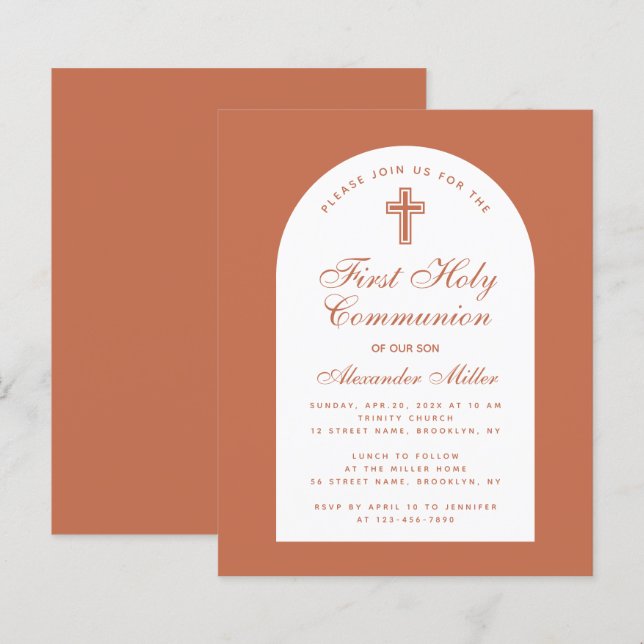  Terracotta Budget Boy First Communion Invitation (Front/Back)