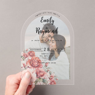 Terracotta Burgundy Blush Floral Wedding Arch Acrylic Invitations