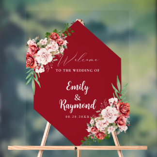 Terracotta Burgundy Blush Floral Wedding Welcome  Acrylic Sign