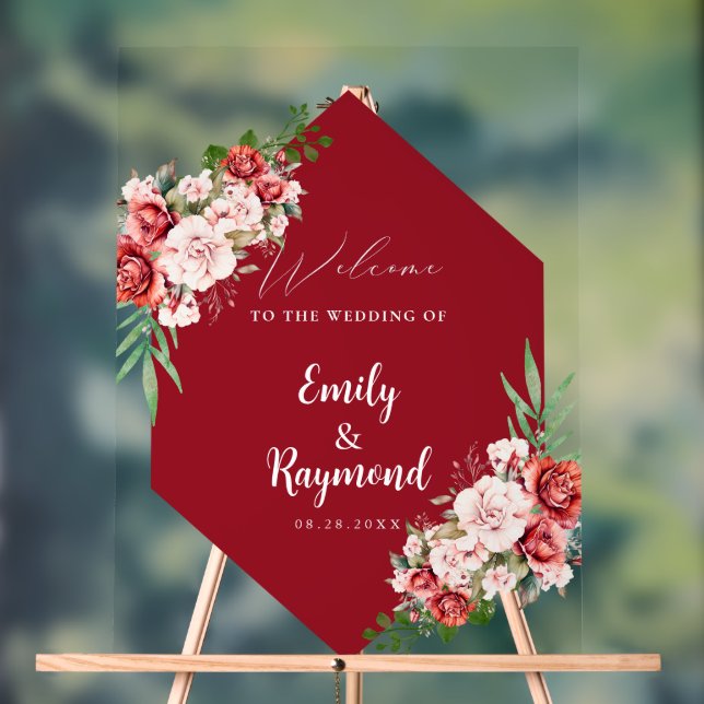 Terracotta Burgundy Blush Floral Wedding Welcome  Acrylic Sign (Neutral)