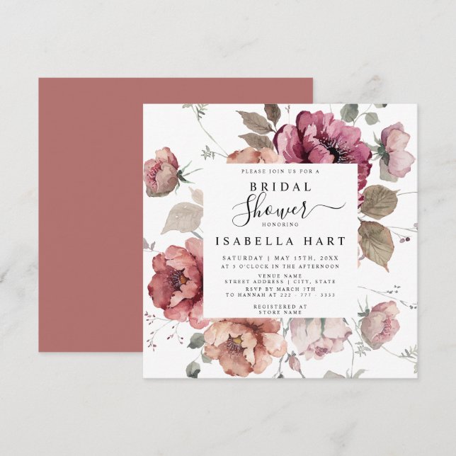 Terracotta Burgundy Fall Boho Floral Bridal Shower Invitation (Front/Back)