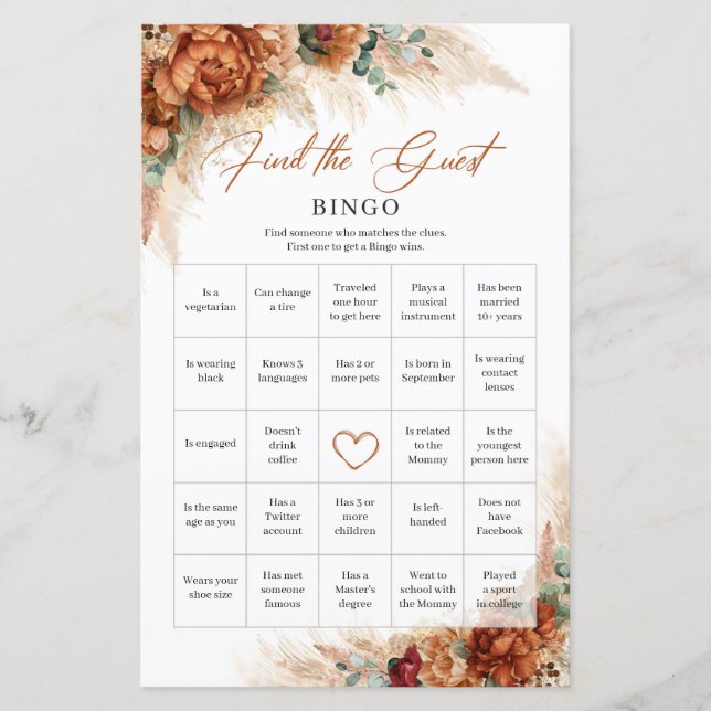 Terracotta burgundy floral Find The Guest Bingo (Front)