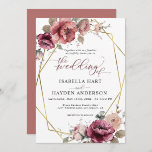 Terracotta Burgundy Floral Gold Beige Fall Wedding Invitation