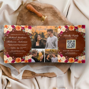 Terracotta Burgundy Floral Photo QR Code Wedding Tri-Fold Invitation