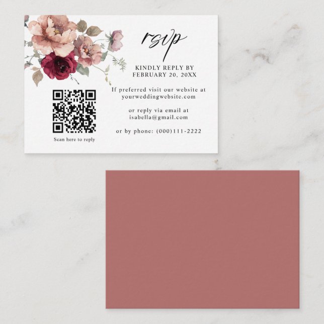 Terracotta Burgundy Floral QR Code Wedding RSVP Enclosure Card (Front/Back)