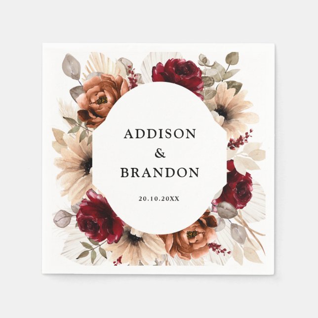 Terracotta Burgundy Mauve Floral Geometric Wedding Napkin (Front)