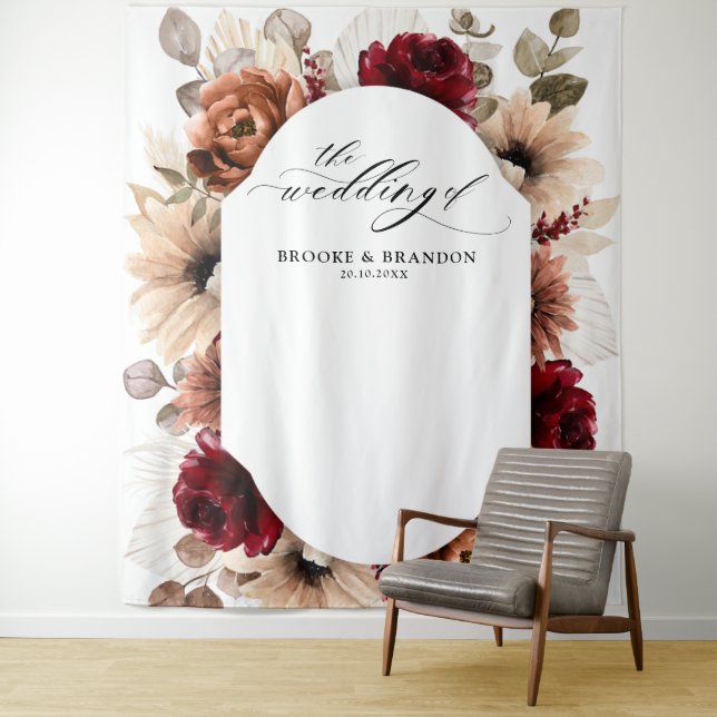 Terracotta Burgundy Mauve Floral Geometric Wedding Tapestry (In Situ)