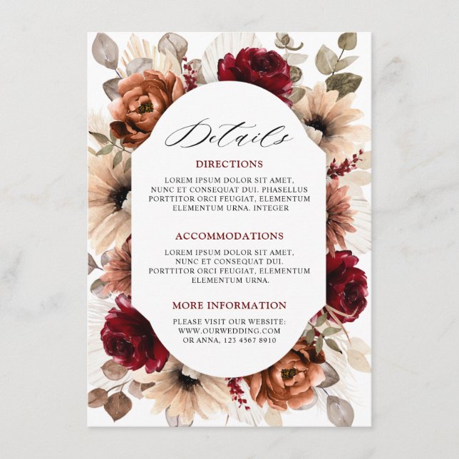 Terracotta Burgundy Mauve Floral Wedding Details Enclosure Card (Front)
