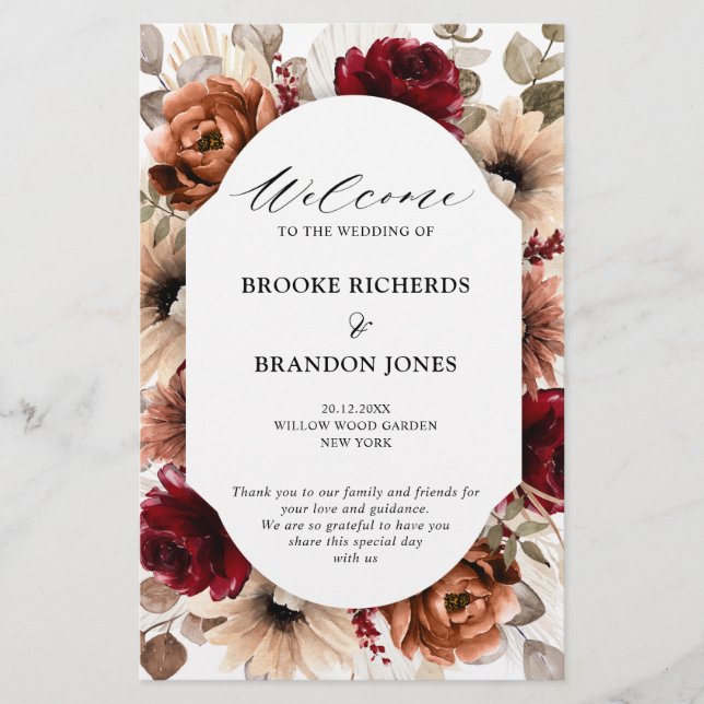 Terracotta Burgundy Mauve Floral  Wedding Program (Front)