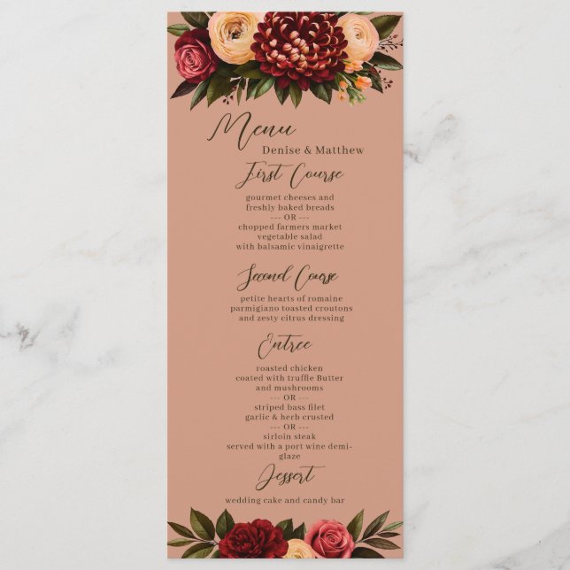 Terracotta & Burgundy Wedding Menu (Front)
