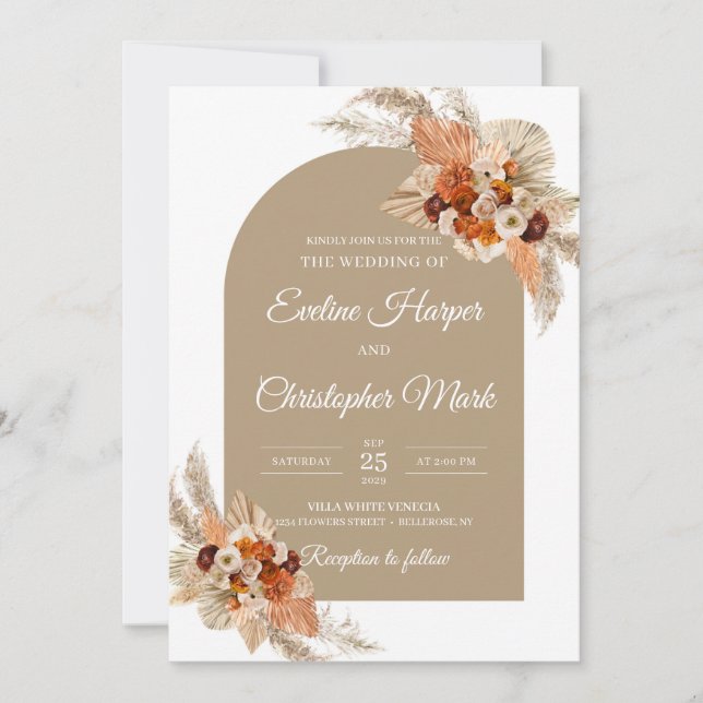 Terracotta burnt orange beige flowers orchid arch invitation (Front)