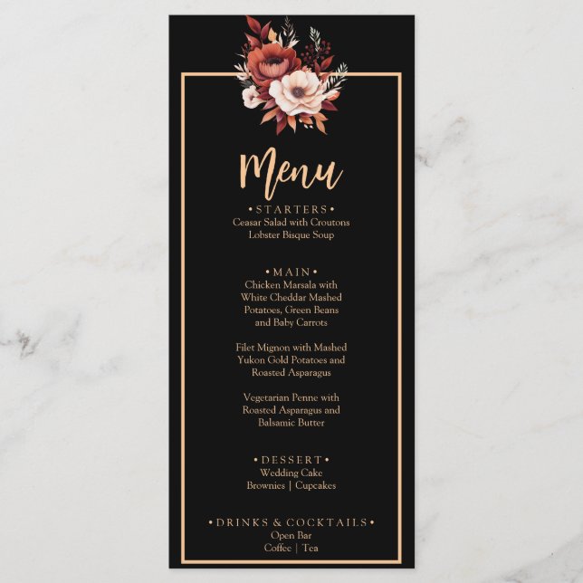 Terracotta Burnt Orange Black Fall Dinner Wedding  Menu (Front)