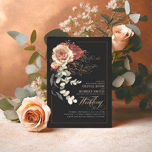 Terracotta Burnt Orange Floral Black Boho Wedding Invitation