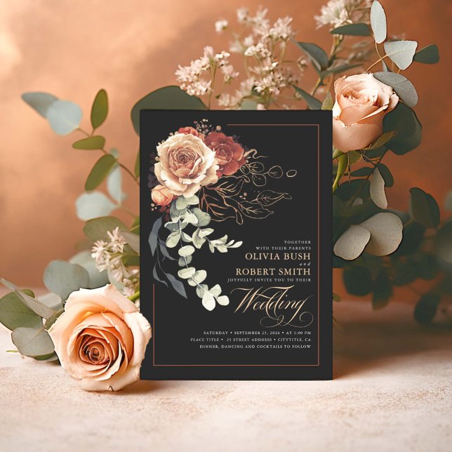 Terracotta Burnt Orange Floral Black Boho Wedding Invitation (Black and Terracotta Boho Wedding Invitations)