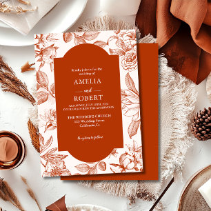 Terracotta burnt orange floral Fall Wedding Invitation