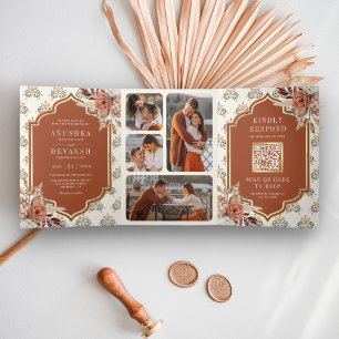 Terracotta Burnt Orange Floral Indian Wedding Tri-Fold Invitation