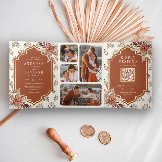 Terracotta Burnt Orange Floral Indian Wedding Tri-Fold Invitation (Creator Uploaded)