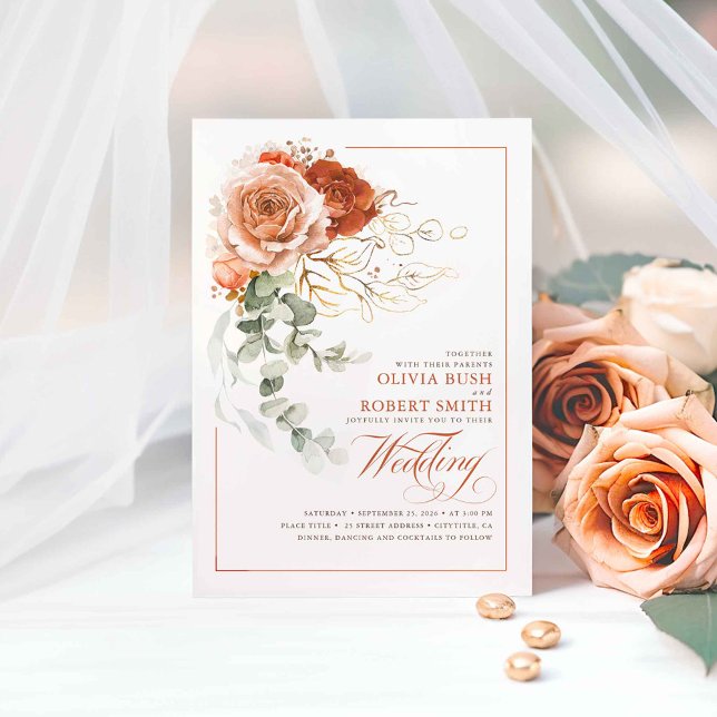 Terracotta Burnt Orange Flowers Eucalyptus Wedding Invitation (Terracotta Flowers Wedding Invitations)