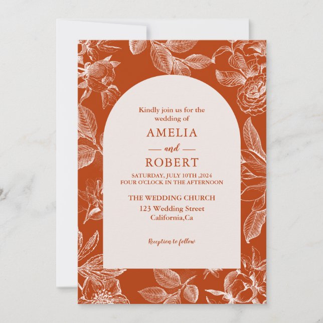 Terracotta burnt orange ivory floral Fall Wedding Invitation (Front)