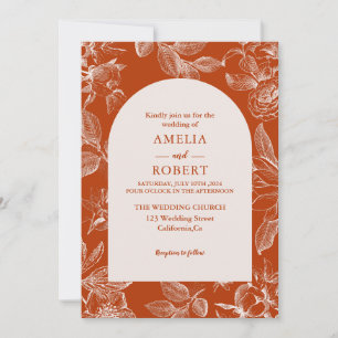 Terracotta burnt orange ivory floral Fall Wedding Invitation