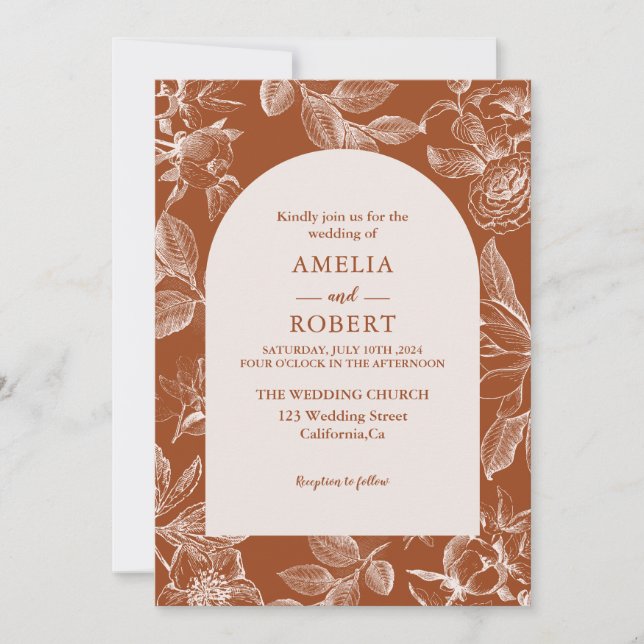 Terracotta burnt orange ivory floral Fall Wedding Invitation (Front)