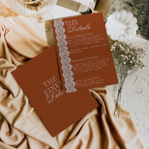 Terracotta Burnt Orange Lace Retro Wedding Details Enclosure Card