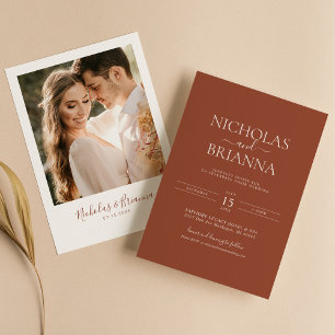 Terracotta Burnt Orange Minimalist Wedding Photo Invitation