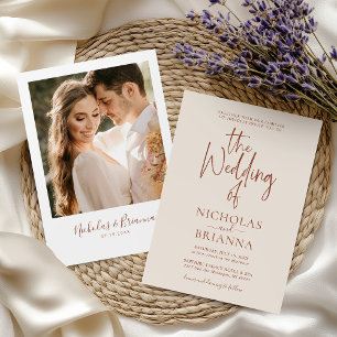 Terracotta Burnt Orange Modern Boho Wedding Photo Invitation