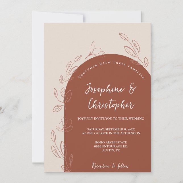 Terracotta Burnt orange Modern Floral Arch Wedding Invitation (Front)