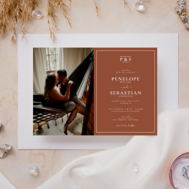 Terracotta Burnt Orange Monogram Photo Wedding Invitation (Creator Uploaded)