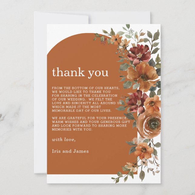 Terracotta Burnt Orange Rust Floral Fall Wedding  Thank You Card (Front)