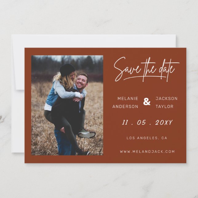 Terracotta Burnt Orange Simple Handwritten Photo Save The Date (Front)