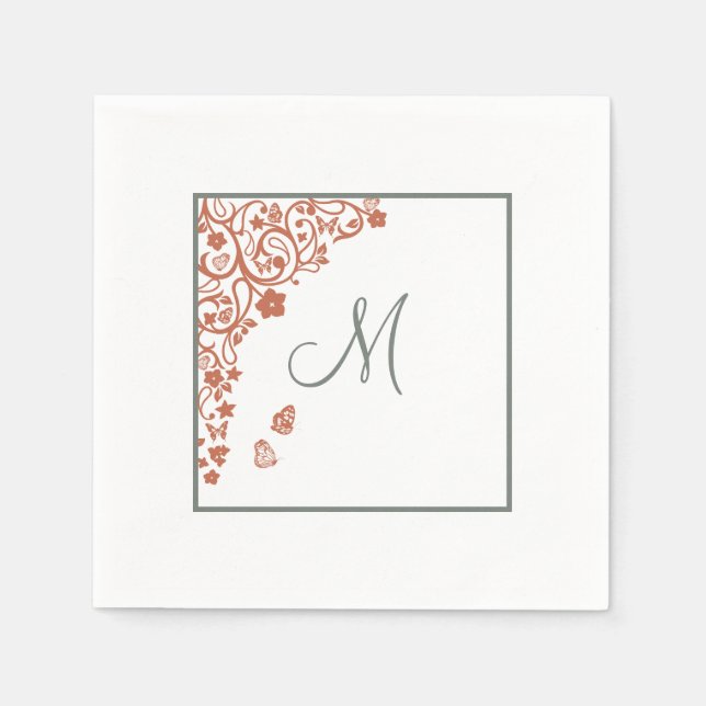 Terracotta Butterfly Garden Sage Script Monogram Napkin (Front)