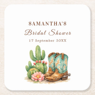Terracotta Cactus Arizona Cowgirl Bridal Shower Square Paper Coaster