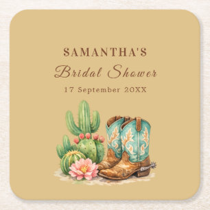 Terracotta Cactus Arizona Cowgirl Bridal Shower Square Paper Coaster