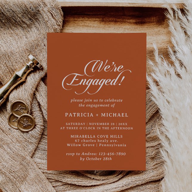 Terracotta Calligraphy Minimal We're Engaged Invitation (Creator Uploaded)