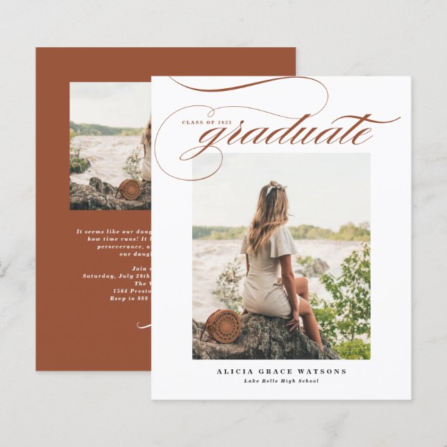 Terracotta Calligraphy Photo Graduation Invitation (Front/Back)