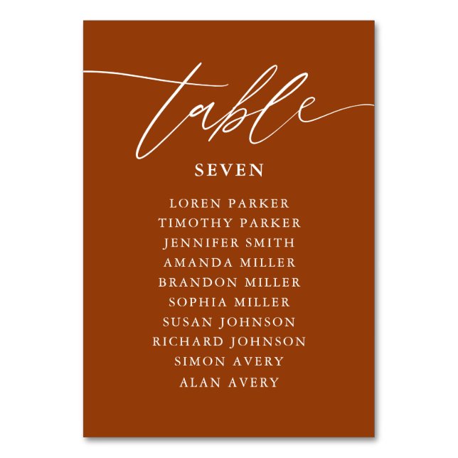Terracotta CalligraphyWedding Seating Chart Table Number (Front)