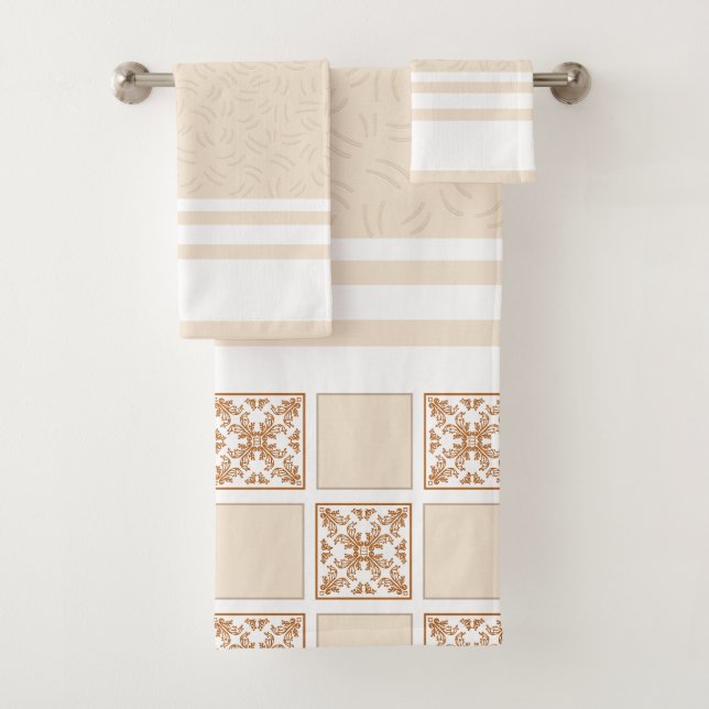 Terracotta Chequered Tile Pattern | Rustic Geometr Bath Towel Set (Insitu)