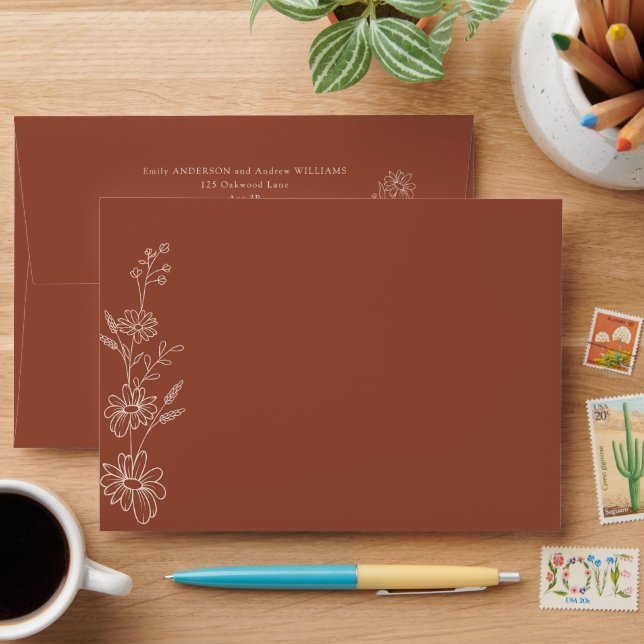 Terracotta Chic Botanical Daisy Garden Wedding Envelope (Desk)