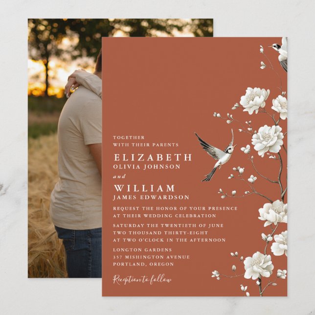 Terracotta Chinoiserie Floral Garden Wedding Photo Invitation (Front/Back)
