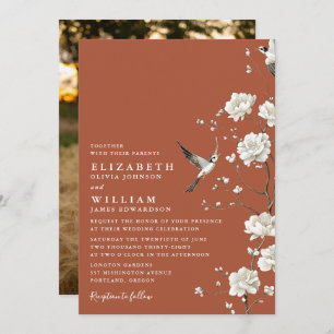 Terracotta Chinoiserie Floral Garden Wedding Photo Invitation