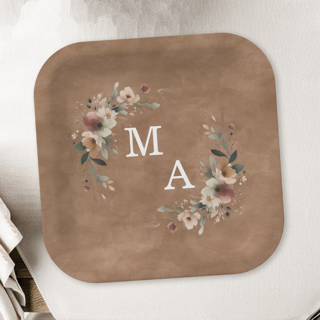 Terracotta Clay Floral Wreath Wedding Monogram Paper Plate (Decorate your celebration table in elegance with our monogrammed plates in 6 chic hues.)
