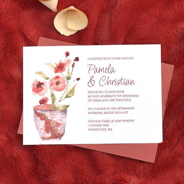 Terracotta Clay Pot Wedding Invitation (terracotta rust clay pot wedding invitations, floral copper pink flowers and green leaves)