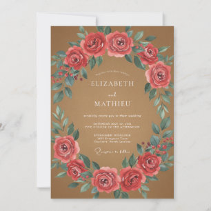 Terracotta Coral Leafy Wedding Invitation