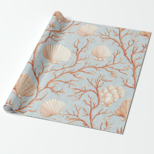 Terracotta Coral Seashell Powder Blue Ocean Wrapping Paper