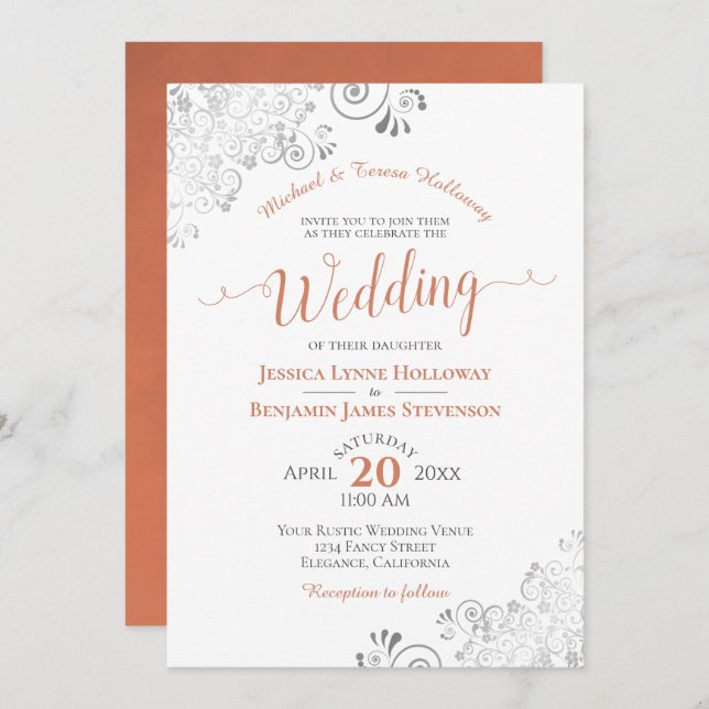 Terracotta Coral Silver Lace Formal White Wedding Invitation (Front/Back)