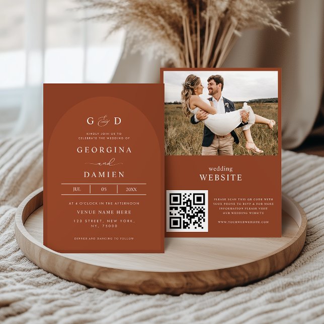 Terracotta Coriander Boho Photo QR Code Wedding Invitation (Creator Uploaded)